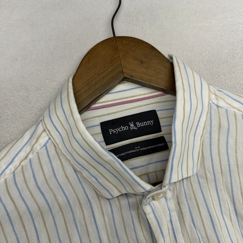 Psycho Bunny Shirt Mens Medium White Striped Long Sleeve Linen Blend Lightweight